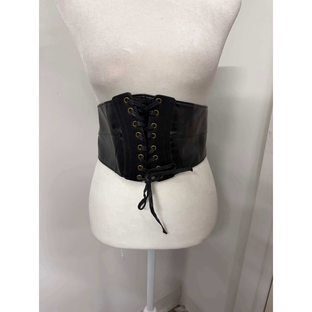 Black Faux Leather Lace Up Corset Belt Wide Elastic Waist Cinch Steampunk Gothic